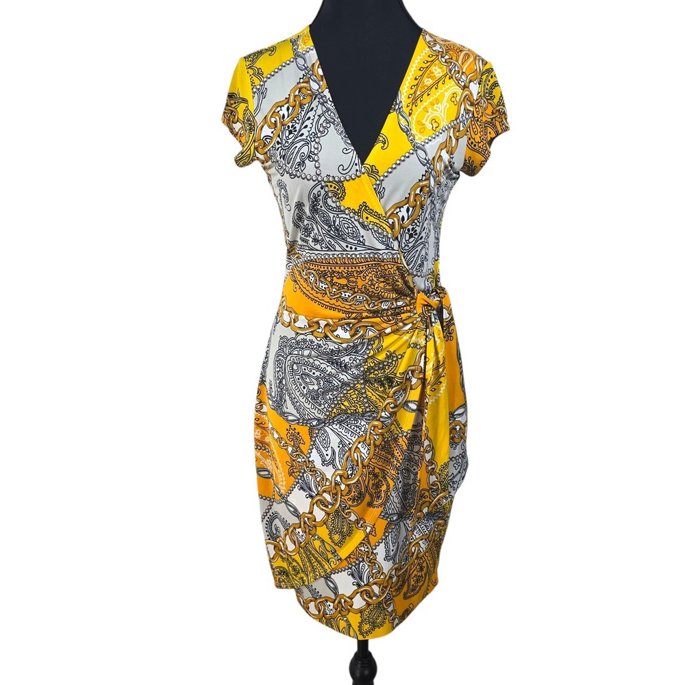 Cache Women Yellow Baroque Chain Paisley Wrap Sheath Dress Small V-Neck Mob Wife
